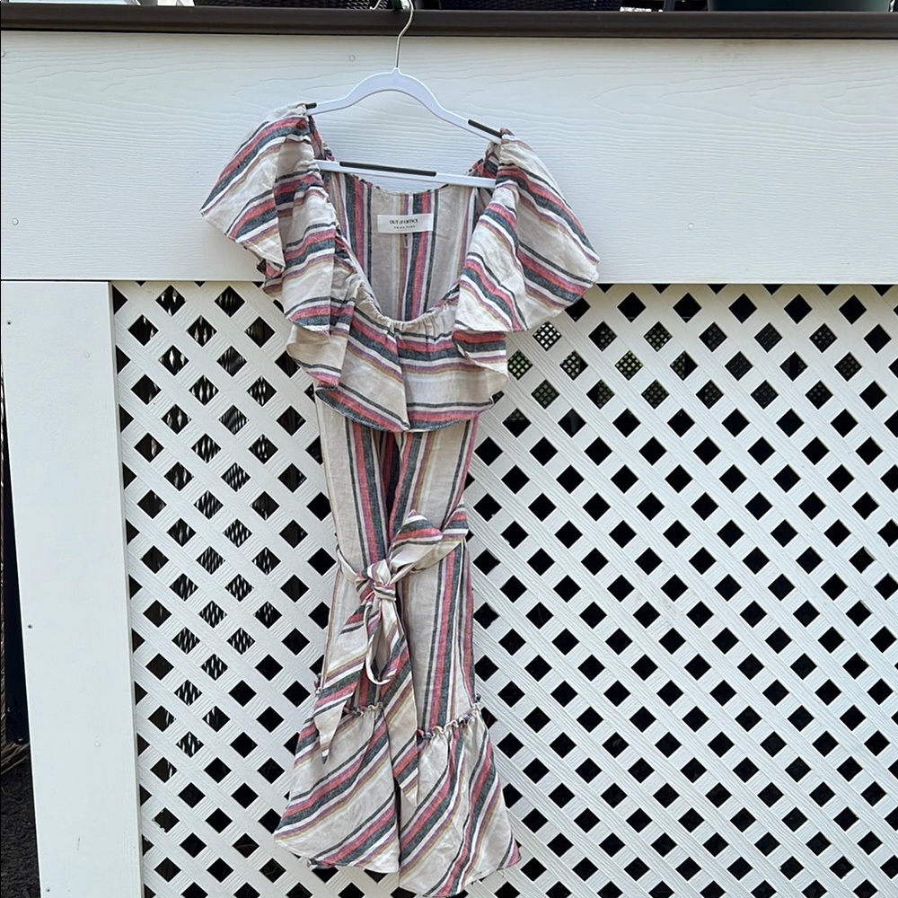 Trina Turk Out Of Office Restful Stripe Off The Shoulder Linen Dress